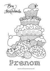 Coloriage personnalisable Gâteau Anniversaire Kawaii Donuts Coloriages complexes Joyeux anniversaire (français) Message