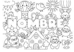 Pagina da colorare personalizzabile Kawaii Primavera Nome decorato Pasqua Simboli Colorazioni complesse