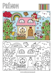 Anpassbare Malvorlage Herz Katze Kawaii Einhorn Haus Hunde und Katzen Drachen, Einhörner und fantastische Tiere Ausmalen mit Vorlage