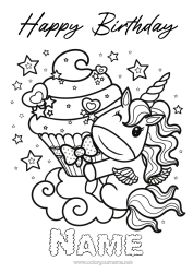 Página de desenho personalizável Bolo Aniversário Kawaii Unicórnio Cupcake Colorações Complexas Feliz aniversário (francês) Mensagem Dragões, unicórnios e animais fantásticos