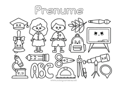 Coloriage personnalisable Kawaii Cloche Pinceau Cartable Rentrée scolaire Tableau de classe Fournitures scolaires Rapporteur Microscope Compas Téléscope