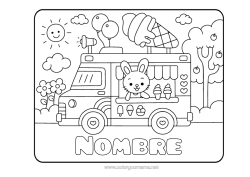 Customizable coloring page Cute Kawaii Bunny Truck Animal Treats Ice cream Forest animals Trucks and utility vehicles Culinary Professions