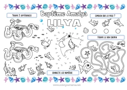 Aanpasbare kleurplaat Zee Activiteiten voor Kinderen Dier Vis Schelpen Haai Zeedieren Octopus, inktvis Printbare placemat Garnaal