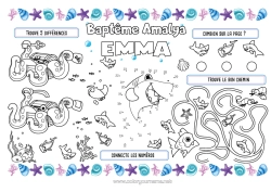 Pagina da colorare personalizzabile Mare Attività per Bambini Animale Pesce Conchiglie Squalo Animali marini o acquatici Polpo, polipo Tovaglietta da stampare Gamberetto