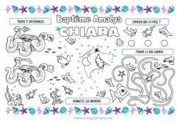 Pagina da colorare personalizzabile Mare Attività per Bambini Animale Pesce Conchiglie Squalo Animali marini o acquatici Polpo, polipo Tovaglietta da stampare Gamberetto