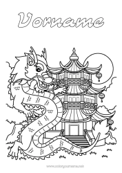 Coloriage personnalisable Dragon Nouvel An chinois Chine Dragons, licornes et animaux fantastiques Pagode