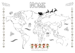 Página de desenho personalizável Elfo de Natal Páginas para colorir de elfos Geografia Mapa do Mundo Viagem do Elfo de Natal Mapa Volta ao Mundo dos Duendes Duendes de Natal Viajantes