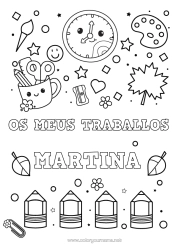 Página de desenho personalizável Kawaii Pincel Lápis Volta às Aulas Mensagem de Boas-vindas Materiais Escolares Tesouras Relógio