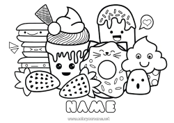 Página de desenho personalizável Fofo Kawaii Comida Rosquinhas Guloseimas, doces