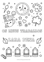 Página de desenho personalizável Kawaii Pincel Lápis Volta às Aulas Mensagem de Boas-vindas Materiais Escolares Tesouras Relógio