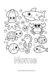 Coloriage personnalisable Kawaii Tortue Méduse Mer Animal Poisson Hippocampe Crabe Coquillages Requin Étoile de mer Animaux marins ou aquatique Reptiles Pieuvre, poulpe Tortue marine