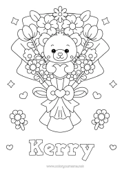 Pagina da colorare personalizzabile Fiori Cuore Kawaii Tata Giochi e giocattoli Peluche Mazzo