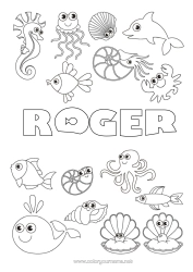 Coloriage personnalisable Mignon Kawaii Baleine Méduse Animal Dauphin Poisson Hippocampe Coquillages Étoile de mer Animaux marins ou aquatique Pieuvre, poulpe