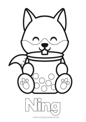 Coloriage personnalisable Loup Mignon Kawaii Renard Animal Thé Boisson Coloriages faciles Animaux de la forêt Bubble tea