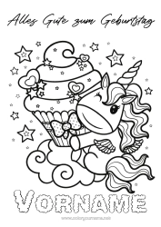 Coloriage personnalisable Gâteau Anniversaire Kawaii Licorne Cupcake Coloriages complexes Joyeux anniversaire (français) Message Dragons, licornes et animaux fantastiques
