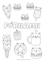 Coloriage personnalisable Chat Kawaii Nourriture Donuts Gourmandises, sucreries Glace Cupcake Hamburger Chiens et chats Pizza