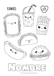 Página de desenho personalizável Fofo Kawaii Comida Bebida Refrigerante Colorações Intermediárias Hambúrguer Sanduíche Tacos
