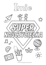 Coloriage personnalisable Héros Maîtresse/Maître Badge super Globe terrestre Métiers de l'éducation Avion en papier