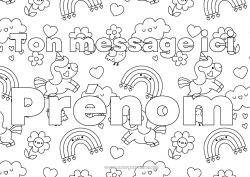 Página de desenho personalizável Flores Kawaii Unicórnio Animal Nome decorado Arco-íris Chuva Dragões, unicórnios e animais fantásticos Nuvem Fundo decorativo