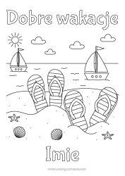Página de desenho personalizável Férias Praia Barco Conchas Chinelo Animais marinhos ou aquáticos Veículos marítimos