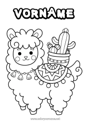 Página de desenho personalizável Kawaii Animal Lhama Cacto México Colorações Intermediárias Outros animais do mundo