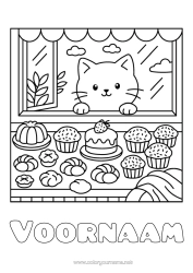 Página de desenho personalizável Bolo Gato Kawaii Animal Cães e gatos Profissões de culinária Padeiro confeiteiro Loja