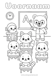 Coloriage personnalisable Ours Chat Kawaii Lapin Animal Maîtresse/Maître École Chiens et chats Animaux de la forêt Métiers de l'éducation Tableau de classe Salle de classe élève Pupitre Raton laveur