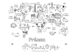 Coloriage personnalisable Animal Géographie Carte du monde Monument Voyage de lutin farceur Carte tour du monde des lutins farceurs