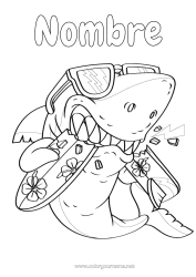 Coloriage personnalisable Sport Animal Coloriages intermédiaires Requin Surf Animaux marins ou aquatique De mauvaise humeur Hibiscus Sports nautiques
