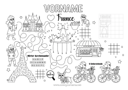 Kolorowanka personalizowalna Magiczne kolorowanki Aktywności dla dzieci Punkty do połączenia Francja Wieża Eiffla Łuk Triumfalny Paryż Labirynt Pomnik Zestaw do druku na stół Liczby do Połączenia