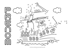 Coloriage personnalisable Chiffre Pirate Véhicules Points à relier Bateau Véhicules maritimes Nombres à Relier