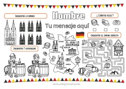 Página de desenho personalizável Atividades para Crianças Ache e Encontre Labirinto Monumento Mapa dos países Jogo americano para imprimir Alemanha Encontre as Diferenças