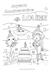 Coloriage personnalisable Gâteau Anniversaire Mer Sirène Joyeux anniversaire (français) Message Age fêté personnalisable
