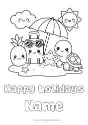 Coloriage personnalisable Kawaii Vacances Soleil Ananas Fruits Animaux marins ou aquatique Reptiles Parasol Valises et bagages Tortue marine Tortue terrestre Lunettes de soleil
