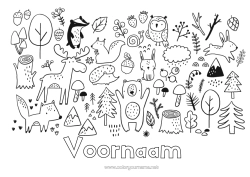 Página de desenho personalizável Urso Coruja Coelho Animal Pássaros e mamíferos voadores Animais da floresta Floresta Veado Guaxinim Toco de árvore