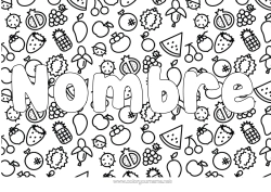 Coloriage personnalisable Nom décoré Cerise Ananas Fruits Fraise Pastèque Banane Poire Raisin Pomme Fond décoratif