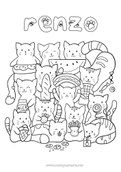 Coloriage personnalisable Chat Kawaii Nourriture Animal Chiens et chats