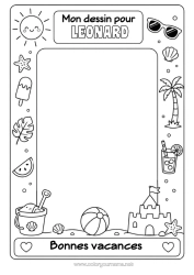 Coloriage personnalisable Été Soleil Palmier Fruits Symboles Château de sable Cocktail Pastèque Ballon de plage Seau de plage Jeux et jouets Cadre Lunettes de soleil Cadre de dessin