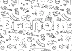 Coloriage personnalisable Fusée Camion Véhicules Bateau Train Nom décoré Montgolfière Bus, car Hélicoptère Doodle Véhicules aériens Véhicules maritimes Transport en commun terrestres Camions et véhicules utilitaires Fond décoratif