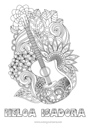 Coloriage personnalisable Fleurs Musique Zentangle Fête de la musique Guitare Instruments de musique