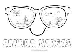 Página de desenho personalizável Verão Sol Praia Desenhos para colorir fáceis Guarda-sol Óculos Smiley Óculos de sol