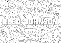 Coloriage personnalisable Nom décoré École Jeux et jouets Rentrée scolaire Fournitures scolaires Loupe Ciseaux Fond décoratif