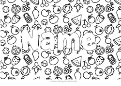 Coloriage personnalisable Nom décoré Cerise Ananas Fruits Fraise Pastèque Banane Poire Raisin Pomme Fond décoratif