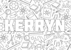 Coloriage personnalisable Nom décoré École Jeux et jouets Rentrée scolaire Fournitures scolaires Loupe Ciseaux Fond décoratif