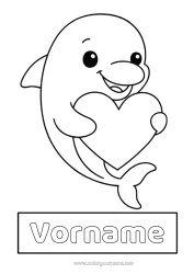 Página de desenho personalizável Coração Kawaii Animal Golfinho Desenhos para colorir fáceis Animais marinhos ou aquáticos Etiqueta Capas de Caderno