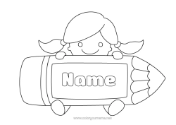Coloriage personnalisable Fille Enfant Crayon Rentrée scolaire élève Fournitures scolaires étiquette