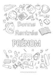 Coloriage personnalisable Symboles Crayon Cartable Globe terrestre Rentrée scolaire