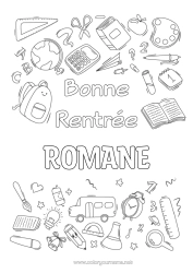 Coloriage personnalisable Symboles Crayon Cartable Globe terrestre Rentrée scolaire