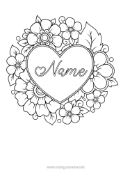 Página de desenho personalizável Flores Coração Mandala Eu te amo Grande coração