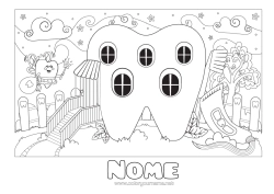 Página de desenho personalizável Dente de leite Fada do dente Casa Profissões de Saúde Dentista